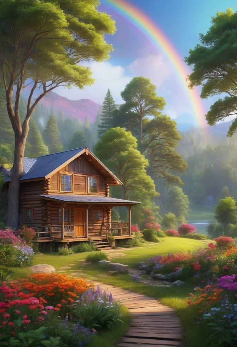 A serene landscape showcasing a lush green forest interspersed with colorful flowers, a vibrant rainbow arcing overhead, and a cozy wooden cabin nestled among the trees. Add elements of local culture such as traditional crafts displayed on a porch and birds singing in the background. The scene should evoke feelings of joy, peace, and connection with nature. super-realistic. vibrant colors. soft lighting.