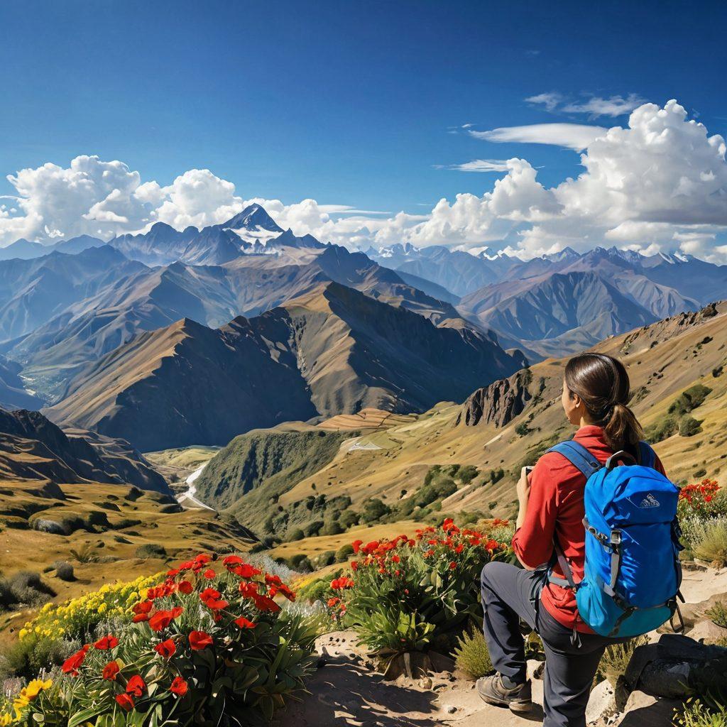 A breathtaking view of the Andes mountains under a bright blue sky, with a joyful hiker gazing at the scenic landscape. In the foreground, vibrant local flora and a warmly smiling local guide share stories of the beauty around them. Lush greenery, colorful wildflowers, and a distant village can be seen, capturing the essence of adventure and hospitality. super-realistic. vibrant colors. 3D.