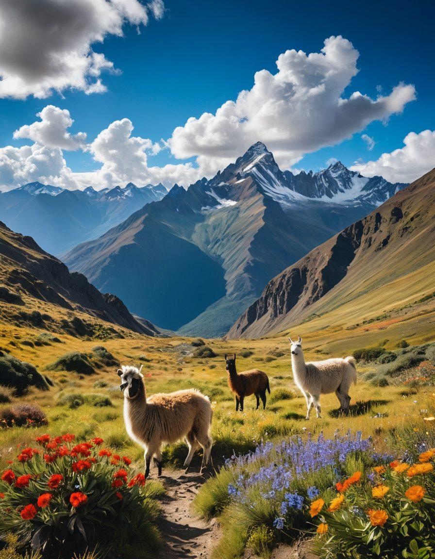 A breathtaking landscape of the Andes mountains filled with lush greenery and vibrant wildflowers, with a group of diverse adventurers joyfully hiking along a scenic trail. The sky is bright blue with fluffy white clouds, and there's a dazzling sun casting warm light on the scene. Include elements of local wildlife, such as colorful birds soaring and llamas grazing in the background. Emphasize a sense of exploration and celebration of nature. super-realistic. vibrant colors.